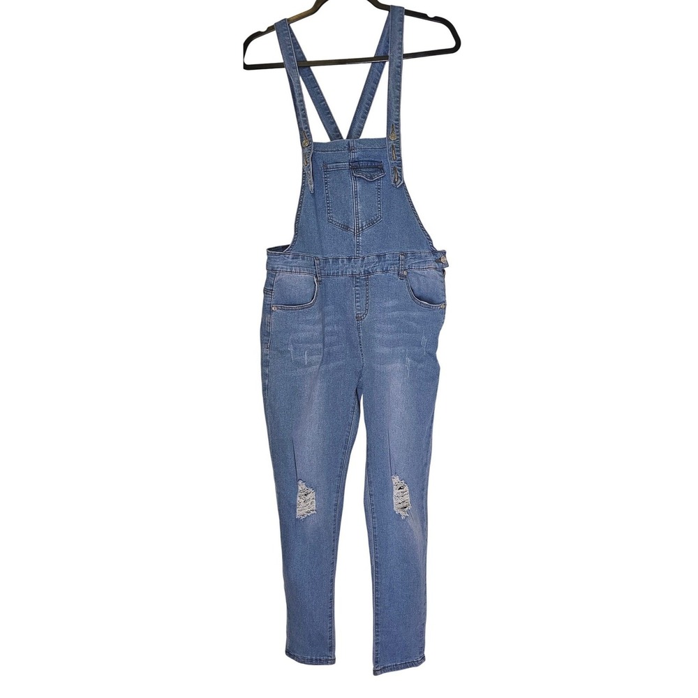 Womens Blue Distressed Denim Overalls Skinny Leg Medium Wash Large
